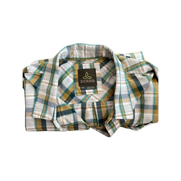 prAna Mens plaid button down collar shirt size large yellow green tan - Picture 3 of 10